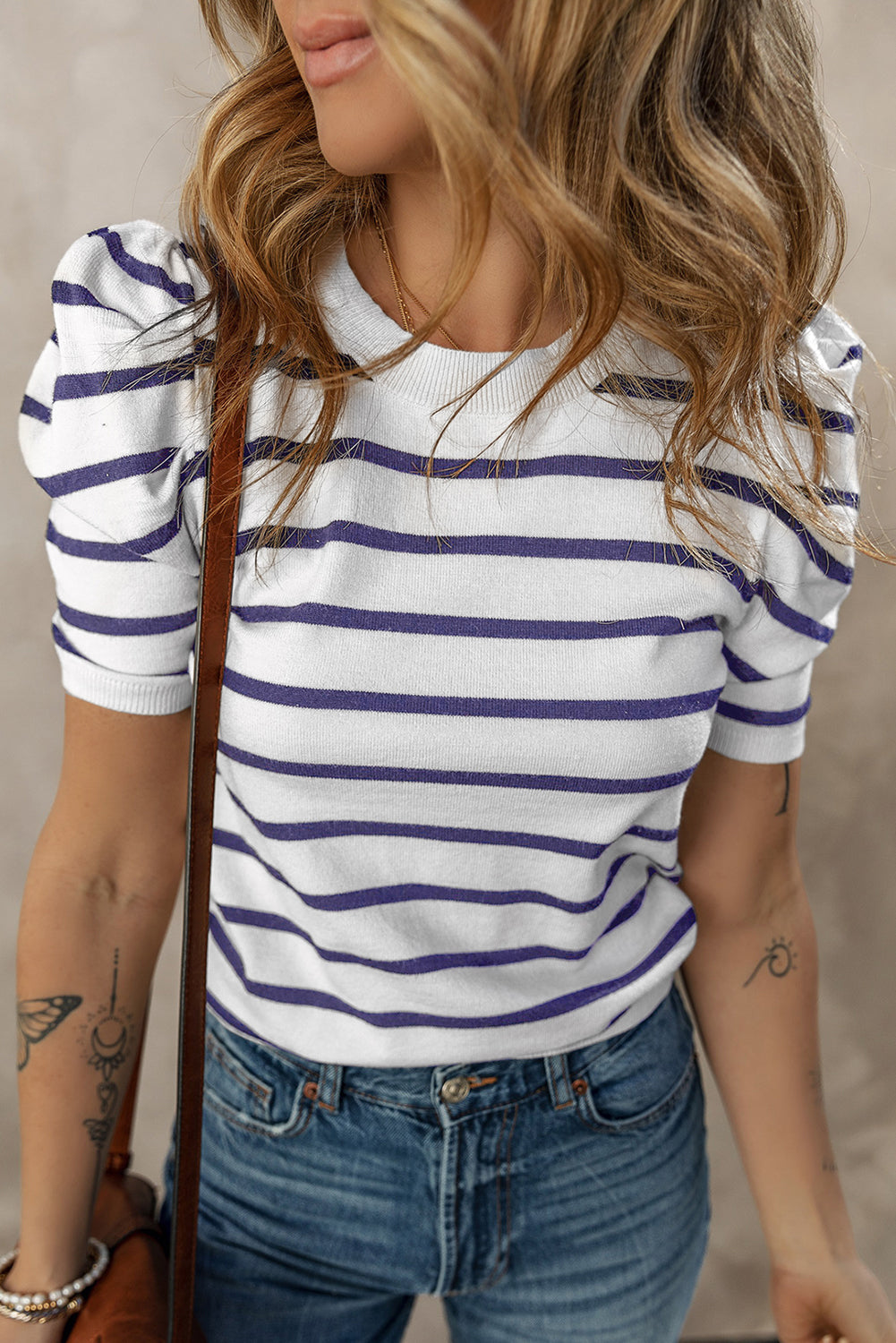 White Stripe Ribbed Trim Round Neck Bubble Sleeve Knitted Top