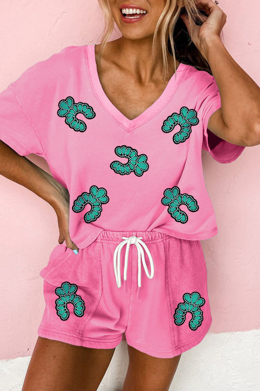 Bonbon Sequin Turquoise Pattern V Neck Tee and Drawstring Shorts Set