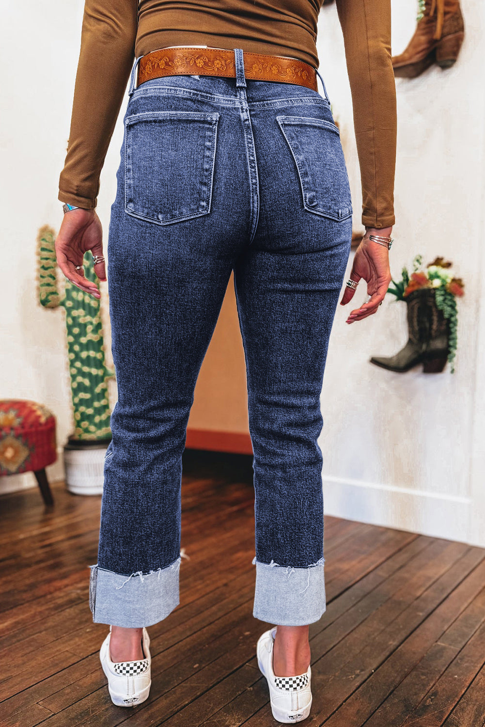 Folded Cuffs Distressed High Waist Jeans