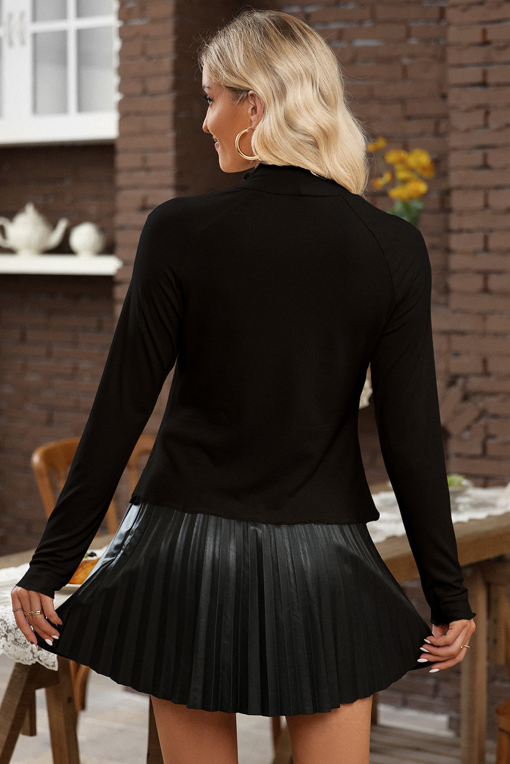 Black Ribbed Knit Lettuce Trim High Neck Long Sleeve Top