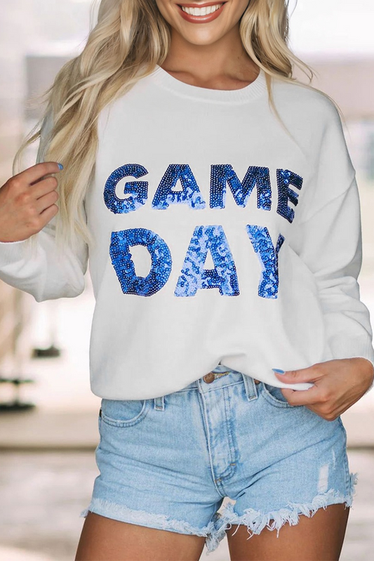 White and Blue Sequined GAME DAY Graphic Round Neck Sweater
