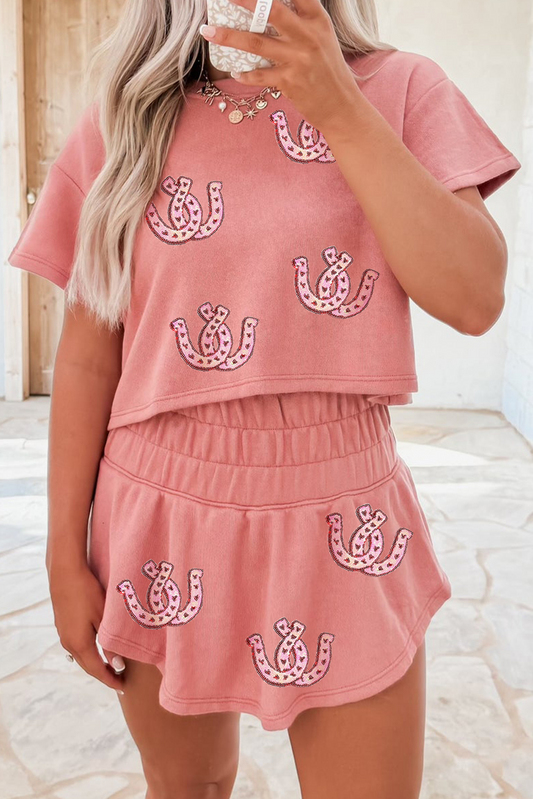 Blossom Sequin Horseshoe Cropped Tee and High Waist Skort Set