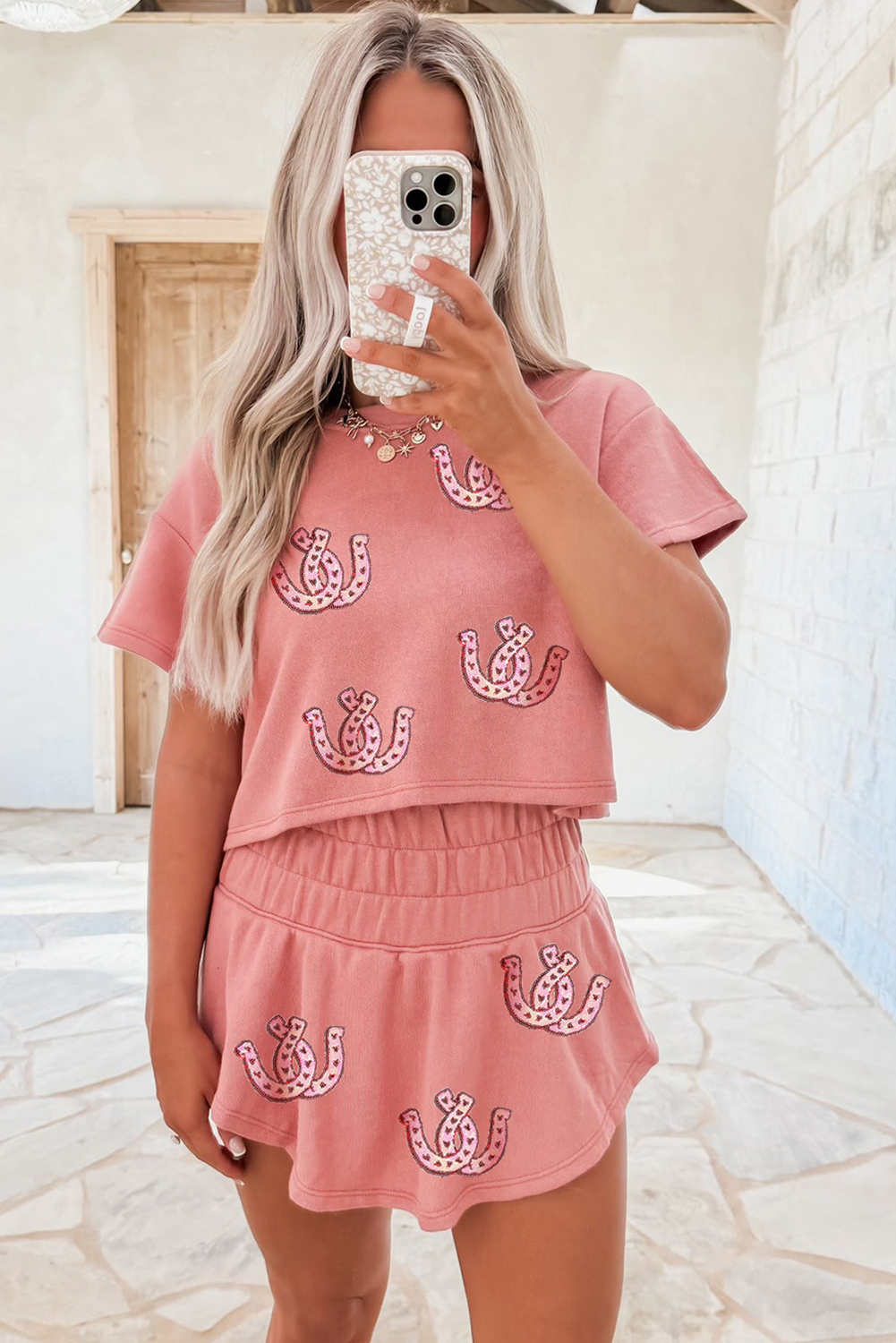 Blossom Sequin Horseshoe Cropped Tee and High Waist Skort Set