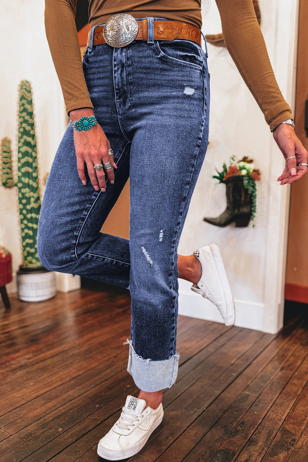 Folded Cuffs Distressed High Waist Jeans