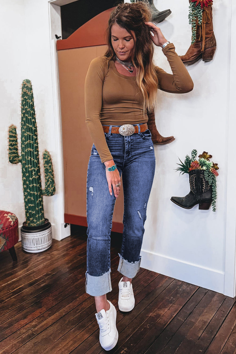 Folded Cuffs Distressed High Waist Jeans