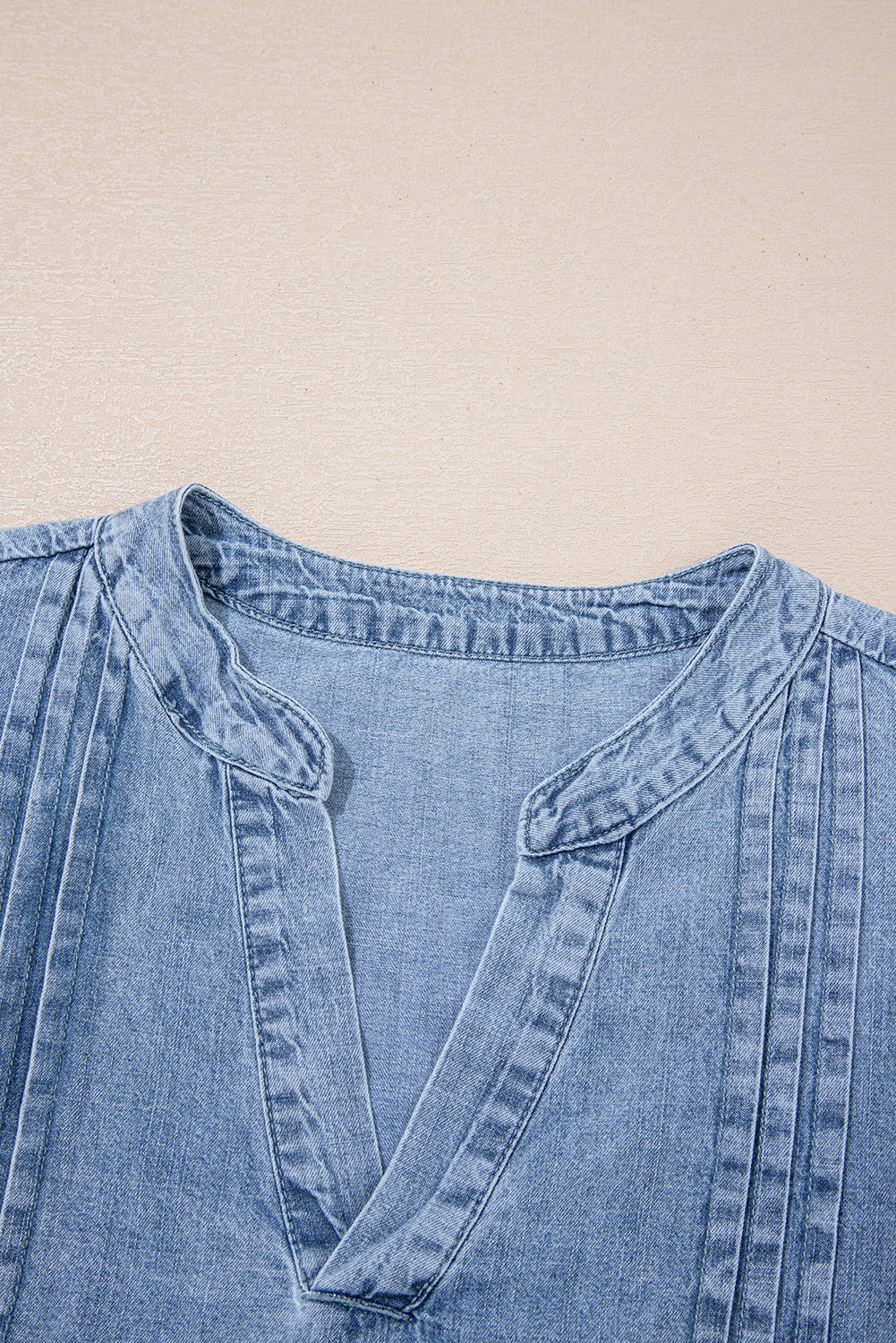 Pleated Puff Sleeve Split V Neck Summer Denim Top