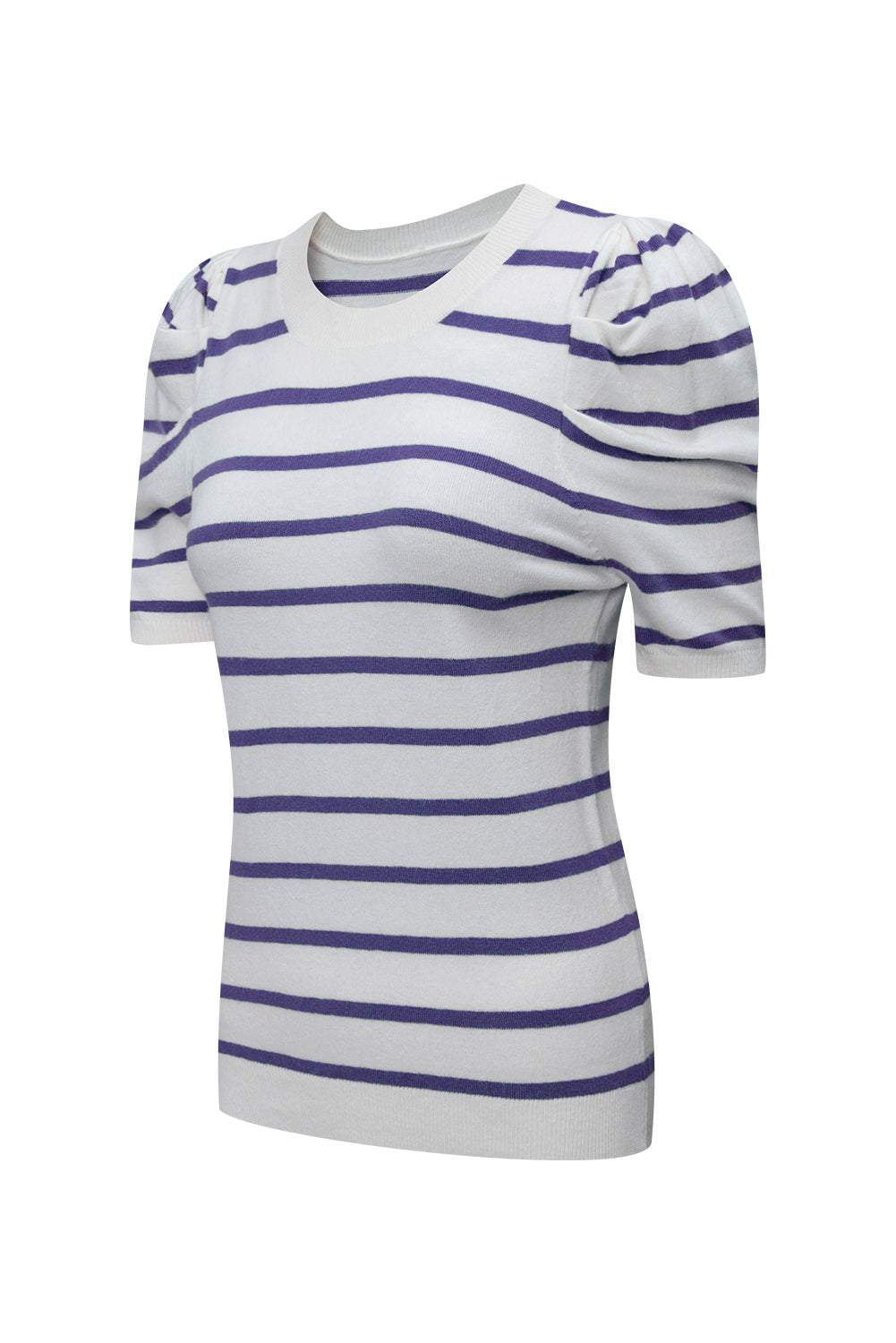 White Stripe Ribbed Trim Round Neck Bubble Sleeve Knitted Top