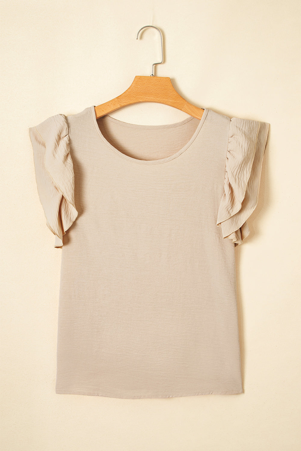 Mist Blue Solid Color Ruffle Sleeve Crinkled Blouse