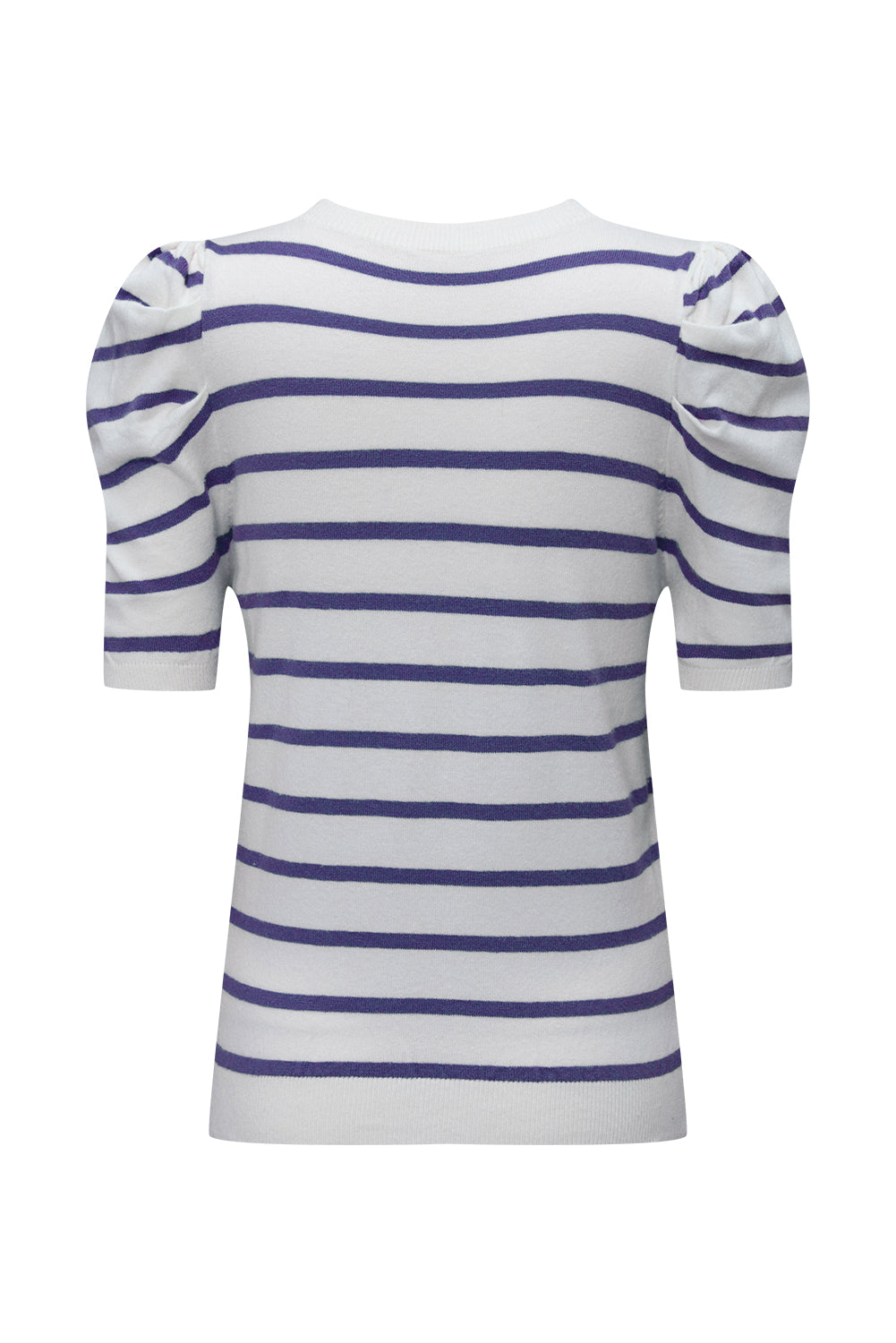 White Stripe Ribbed Trim Round Neck Bubble Sleeve Knitted Top