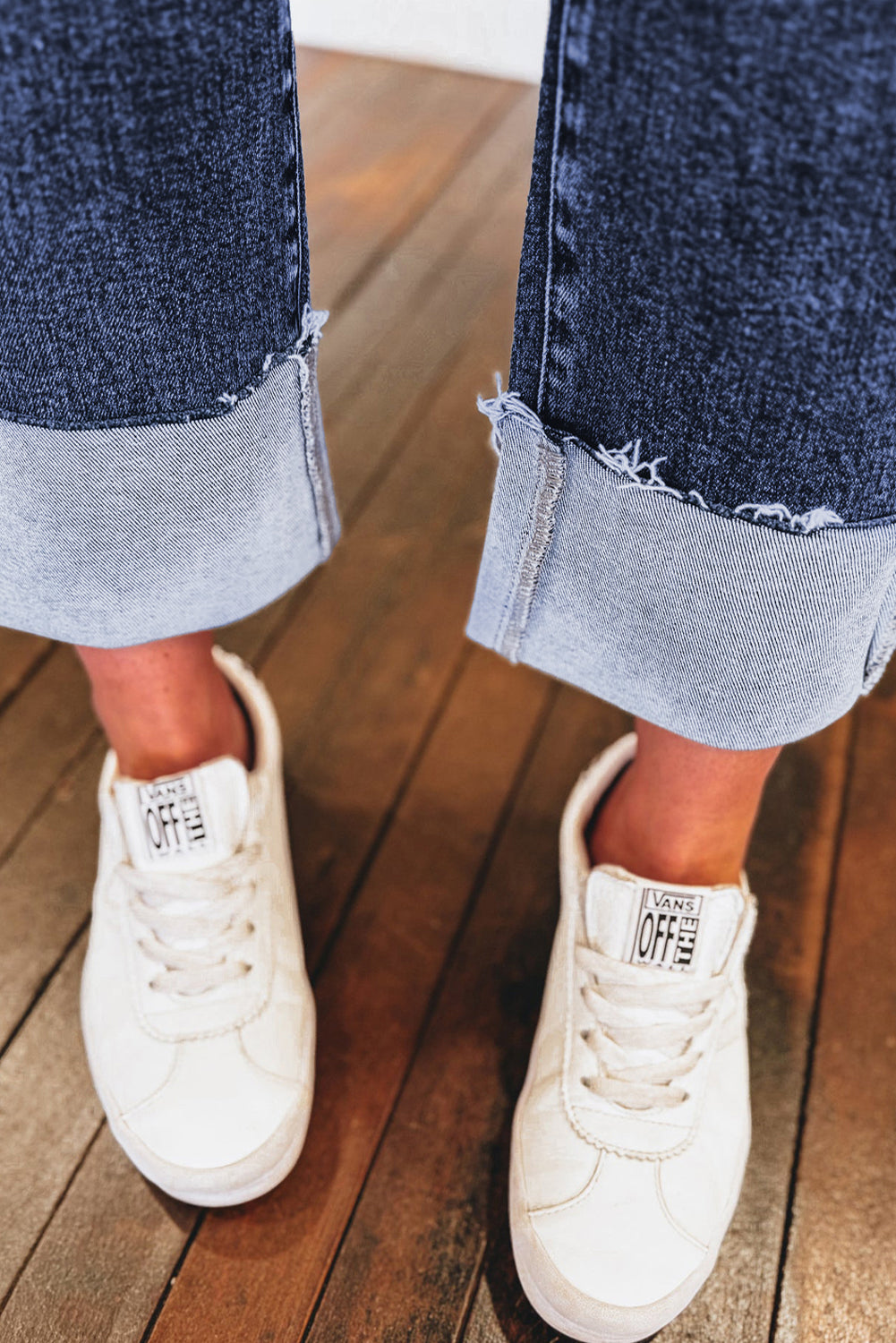 Folded Cuffs Distressed High Waist Jeans