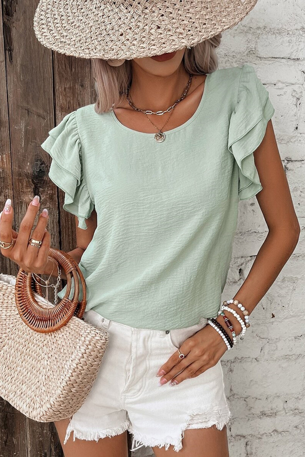 Mist Blue Solid Color Ruffle Sleeve Crinkled Blouse