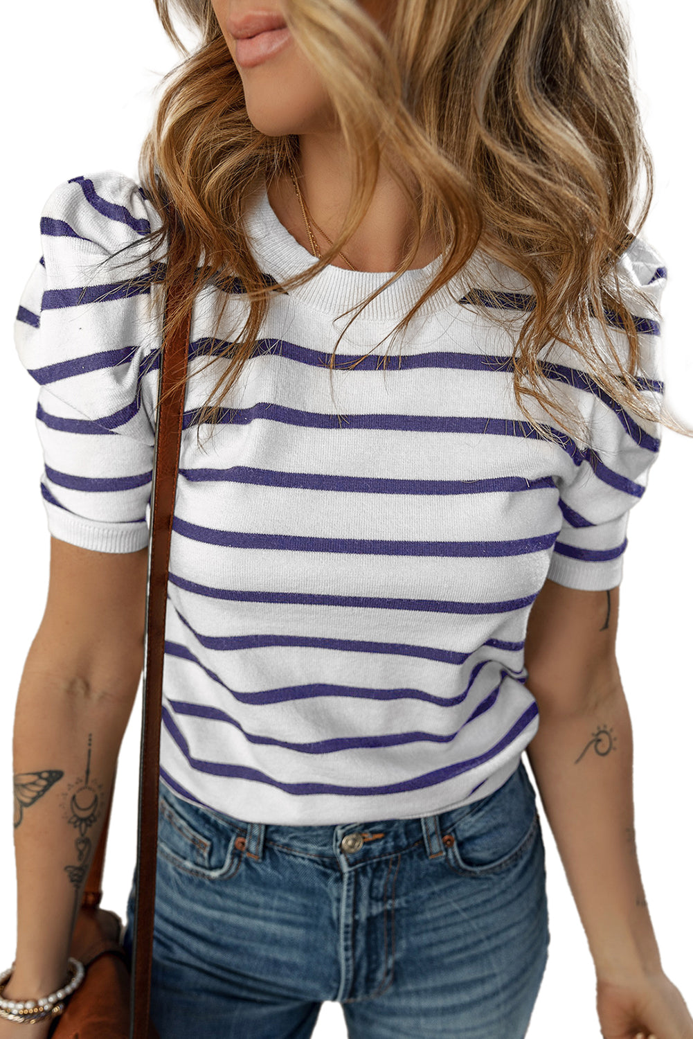 White Stripe Ribbed Trim Round Neck Bubble Sleeve Knitted Top
