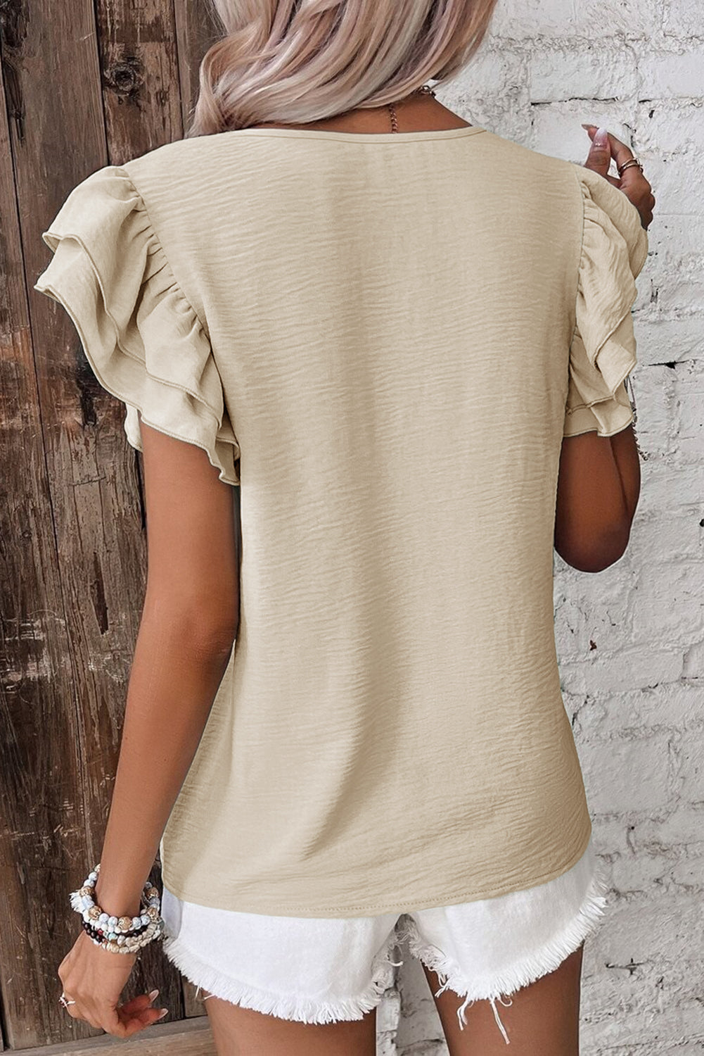 Mist Blue Solid Color Ruffle Sleeve Crinkled Blouse