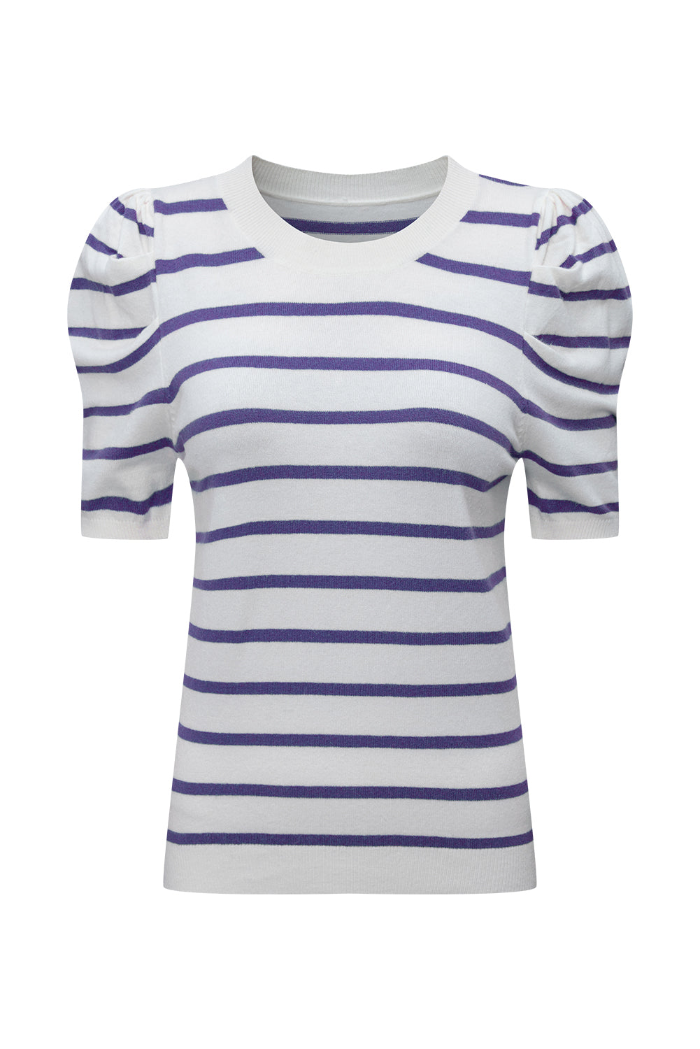 White Stripe Ribbed Trim Round Neck Bubble Sleeve Knitted Top