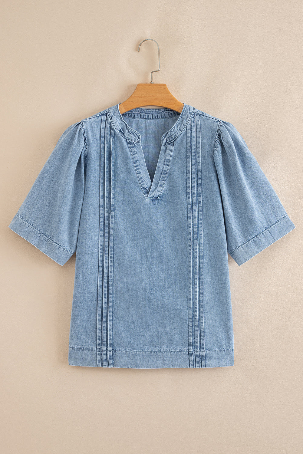 Pleated Puff Sleeve Split V Neck Summer Denim Top