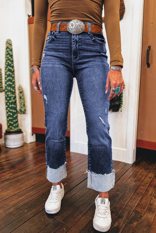 Folded Cuffs Distressed High Waist Jeans