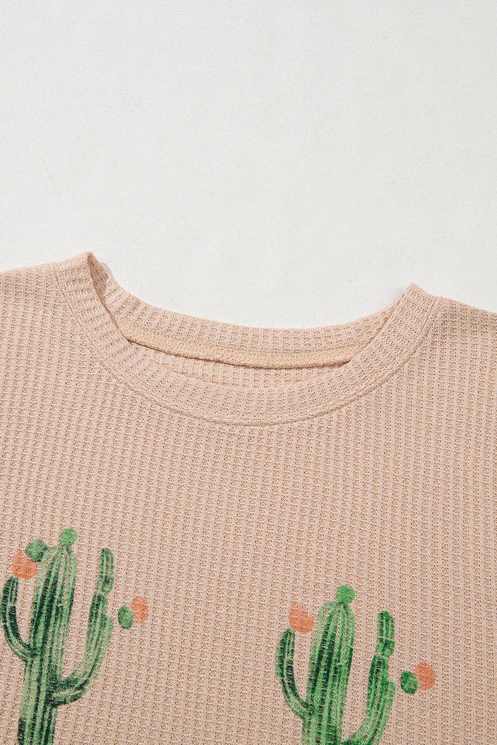 Light French Beige Cactus Graphic Waffle Half Sleeve Tee and Shorts Set