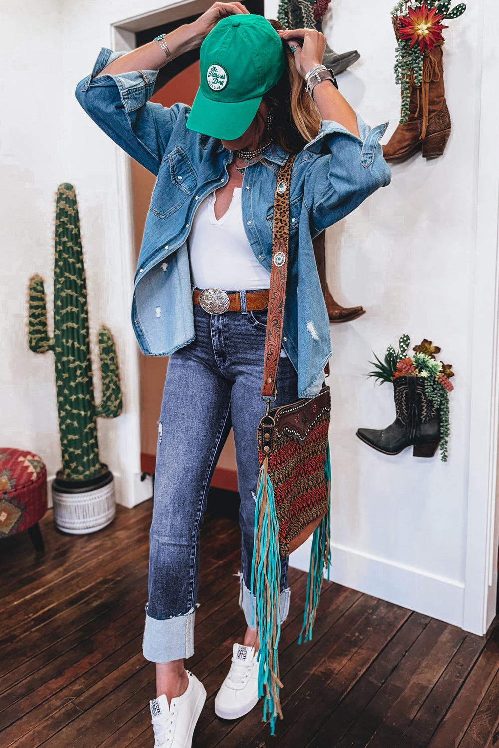 Folded Cuffs Distressed High Waist Jeans