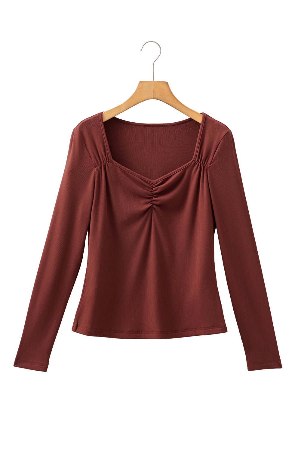 Old Rose Ruched Sweetheart Neck Ribbed Long Sleeve Top