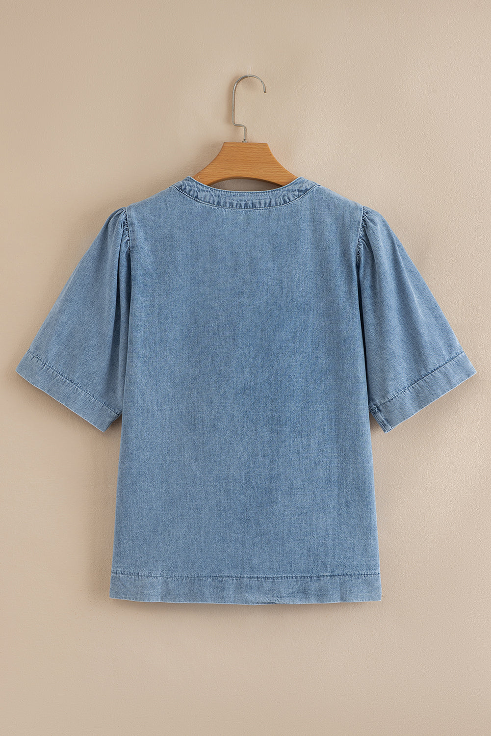 Pleated Puff Sleeve Split V Neck Summer Denim Top