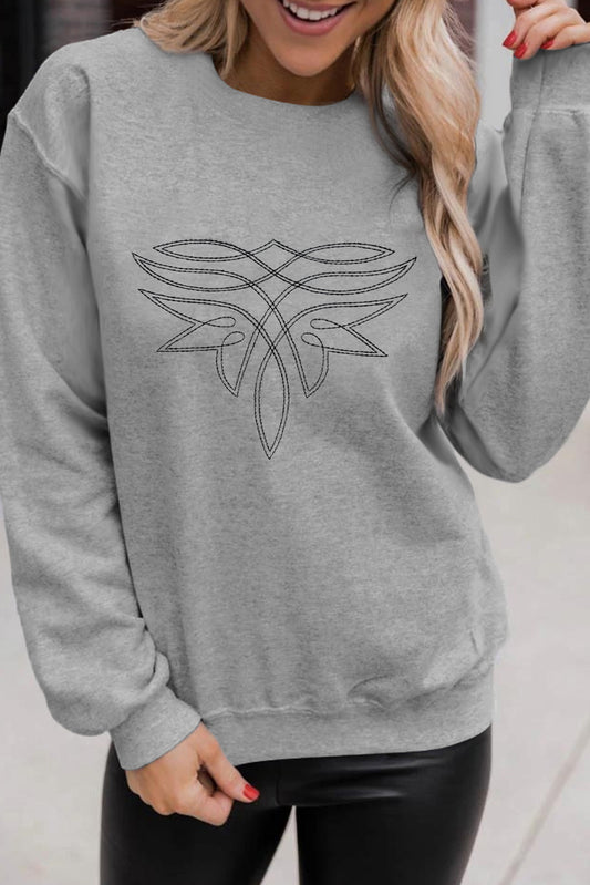 Gray Boot Stitch Pattern Drop Shoulder Pullover Sweatshirt