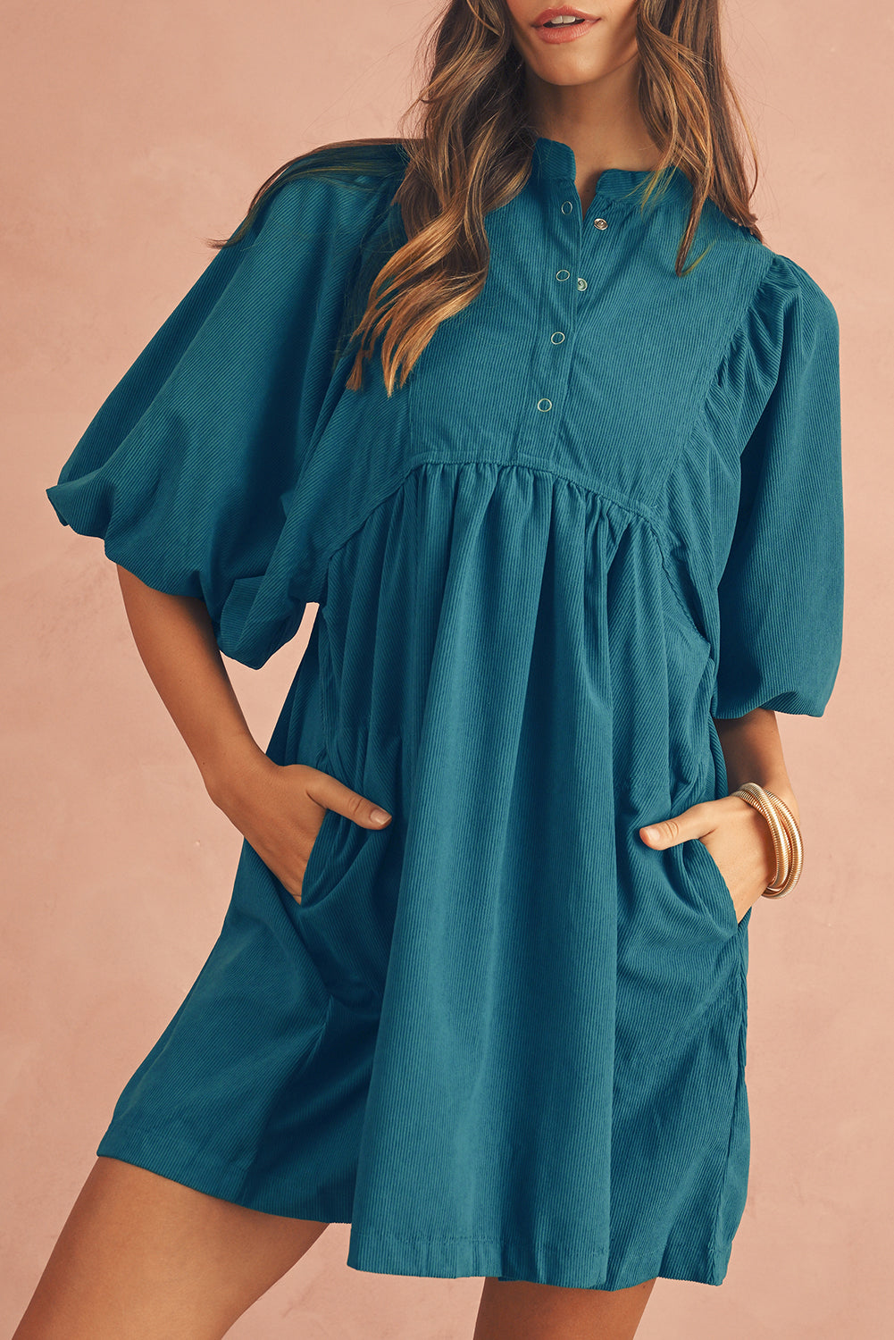 Gold Flame Light Snap Button Empire Waist Lantern Sleeve Corduroy Dress