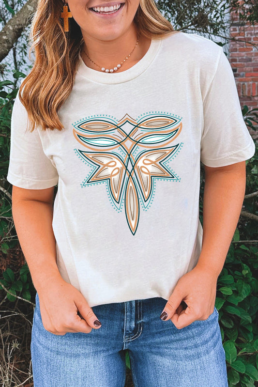 White Boot Stitch Pattern Printed Cotton Blend Tee
