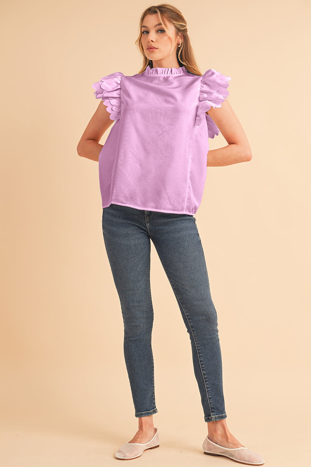 Bright Pink Solid Scalloped Ruffle Sleeve Blouse