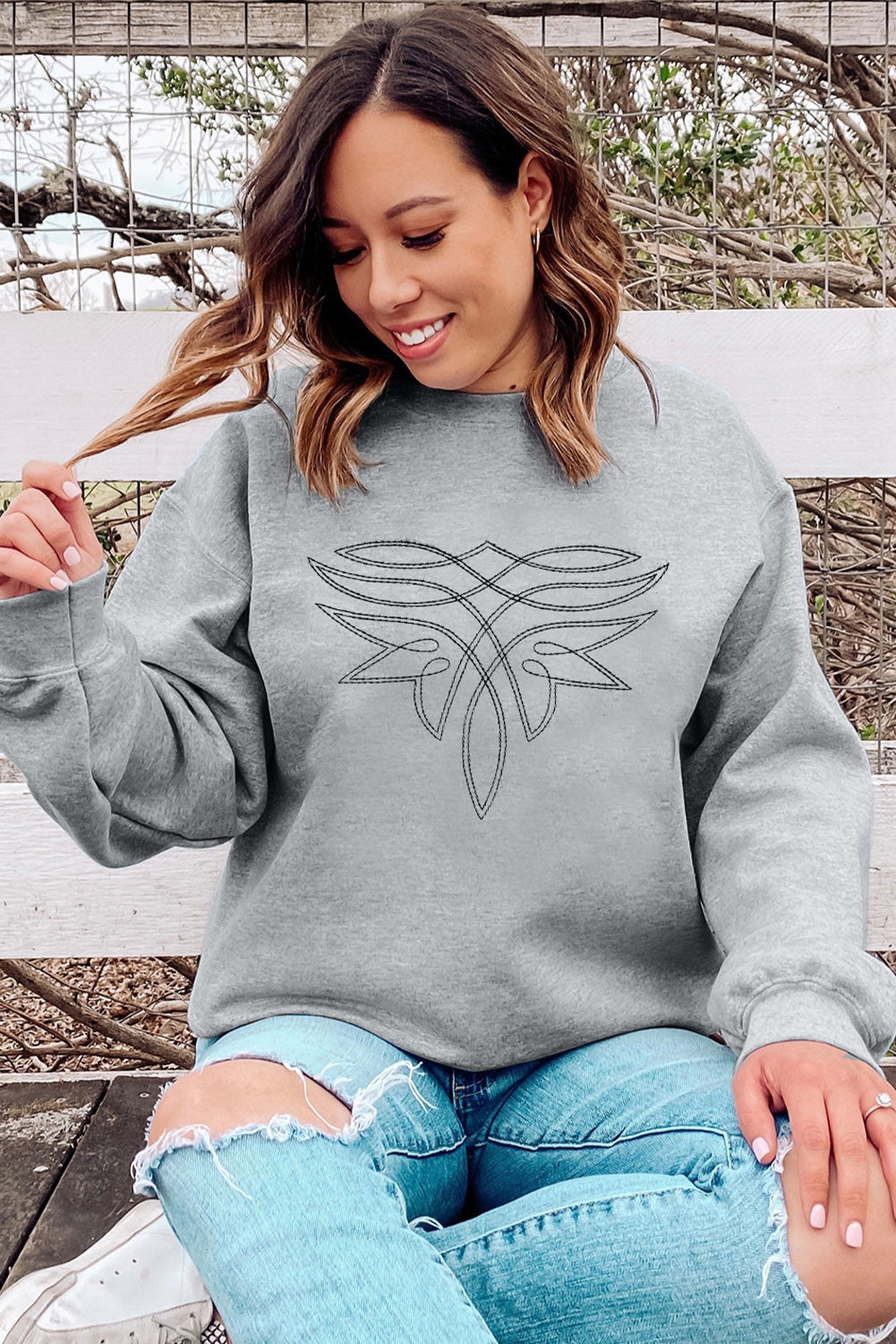 Gray Boot Stitch Pattern Drop Shoulder Pullover Sweatshirt