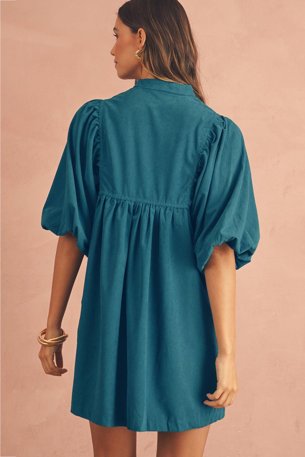 Gold Flame Light Snap Button Empire Waist Lantern Sleeve Corduroy Dress