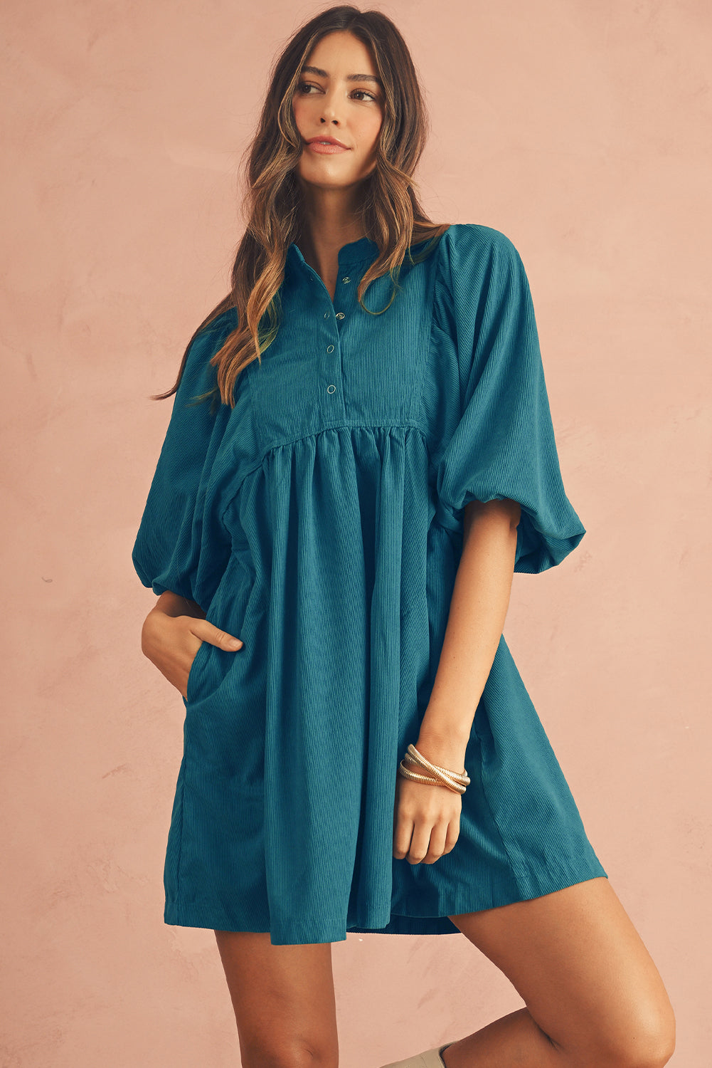 Gold Flame Light Snap Button Empire Waist Lantern Sleeve Corduroy Dress