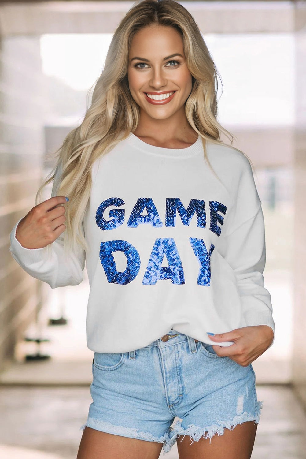 White and Blue Sequined GAME DAY Graphic Round Neck Sweater