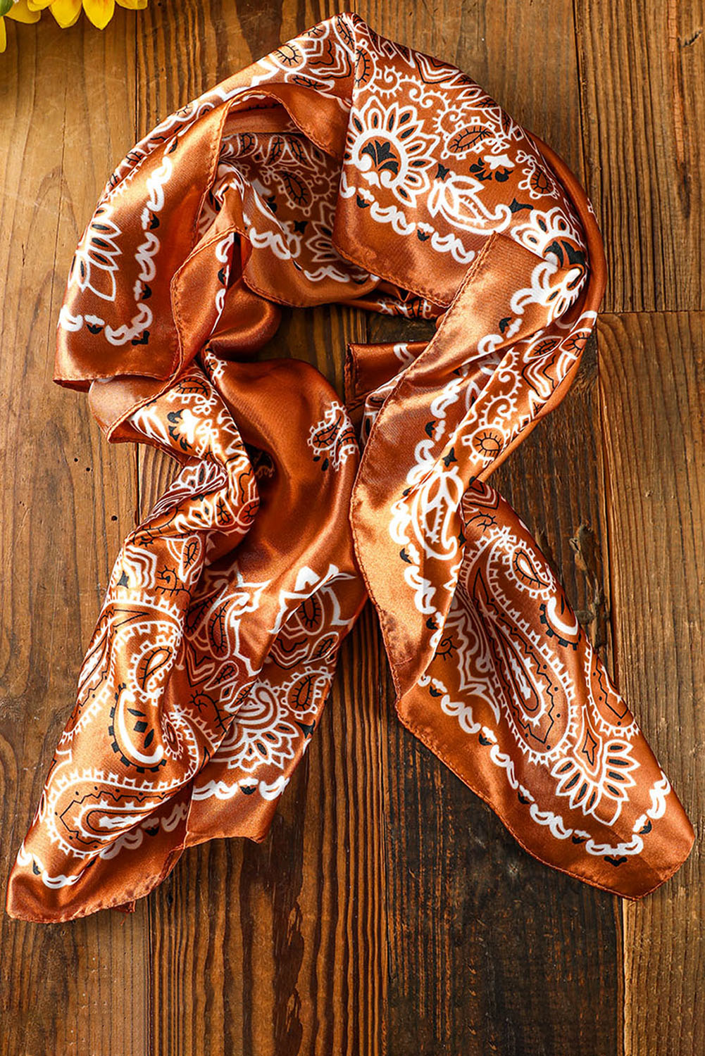 Gold Flame Vintage Satin Paisley Floral Print Scarf