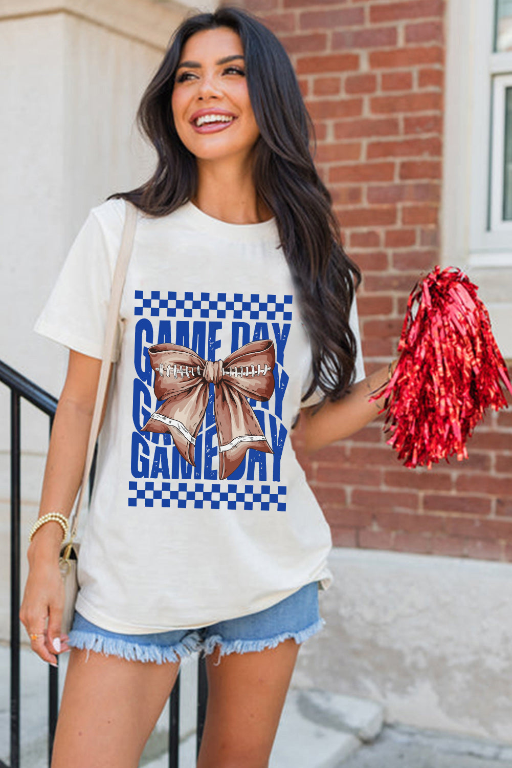 White Football Bow Game Day Crewneck T Shirt