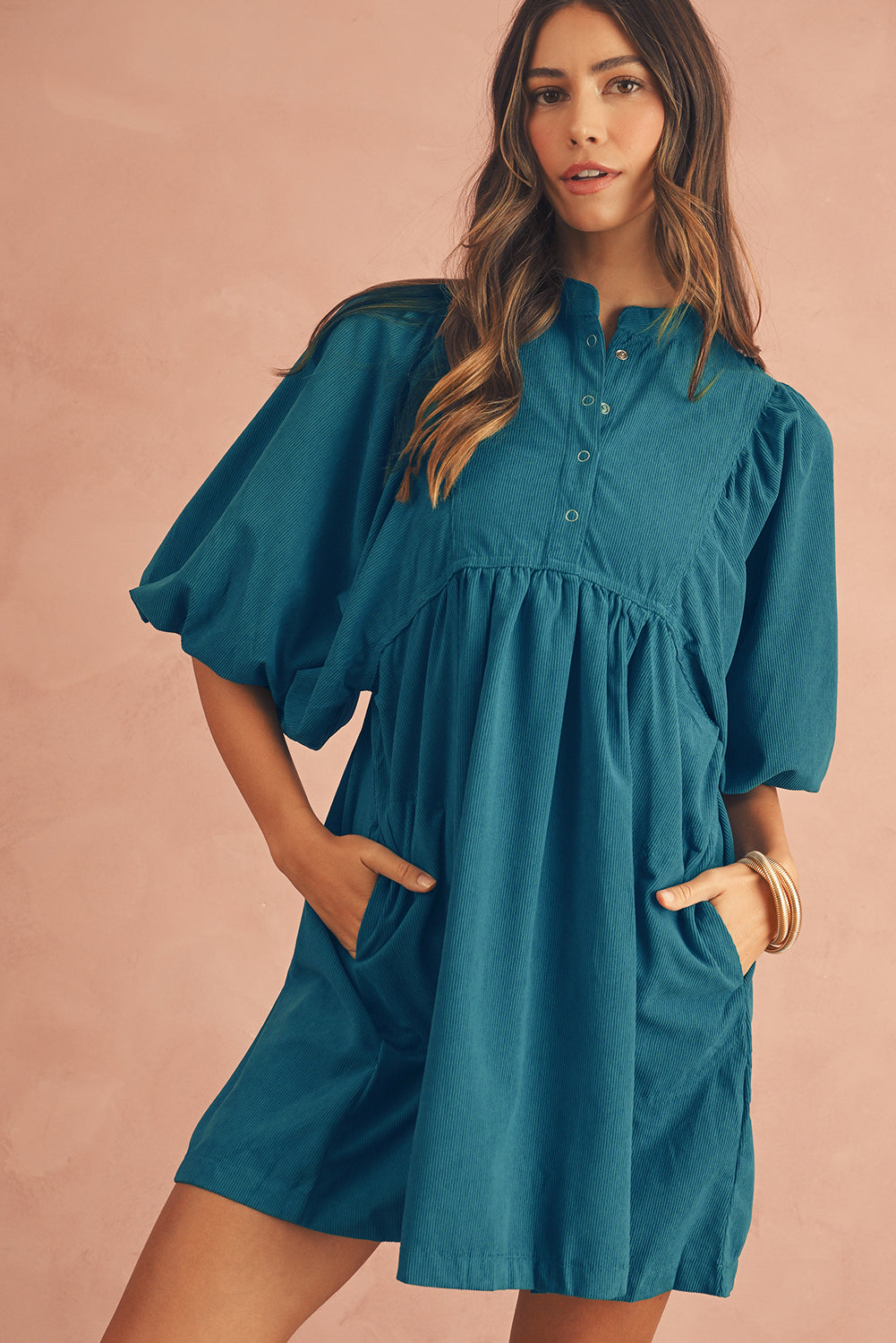Gold Flame Light Snap Button Empire Waist Lantern Sleeve Corduroy Dress
