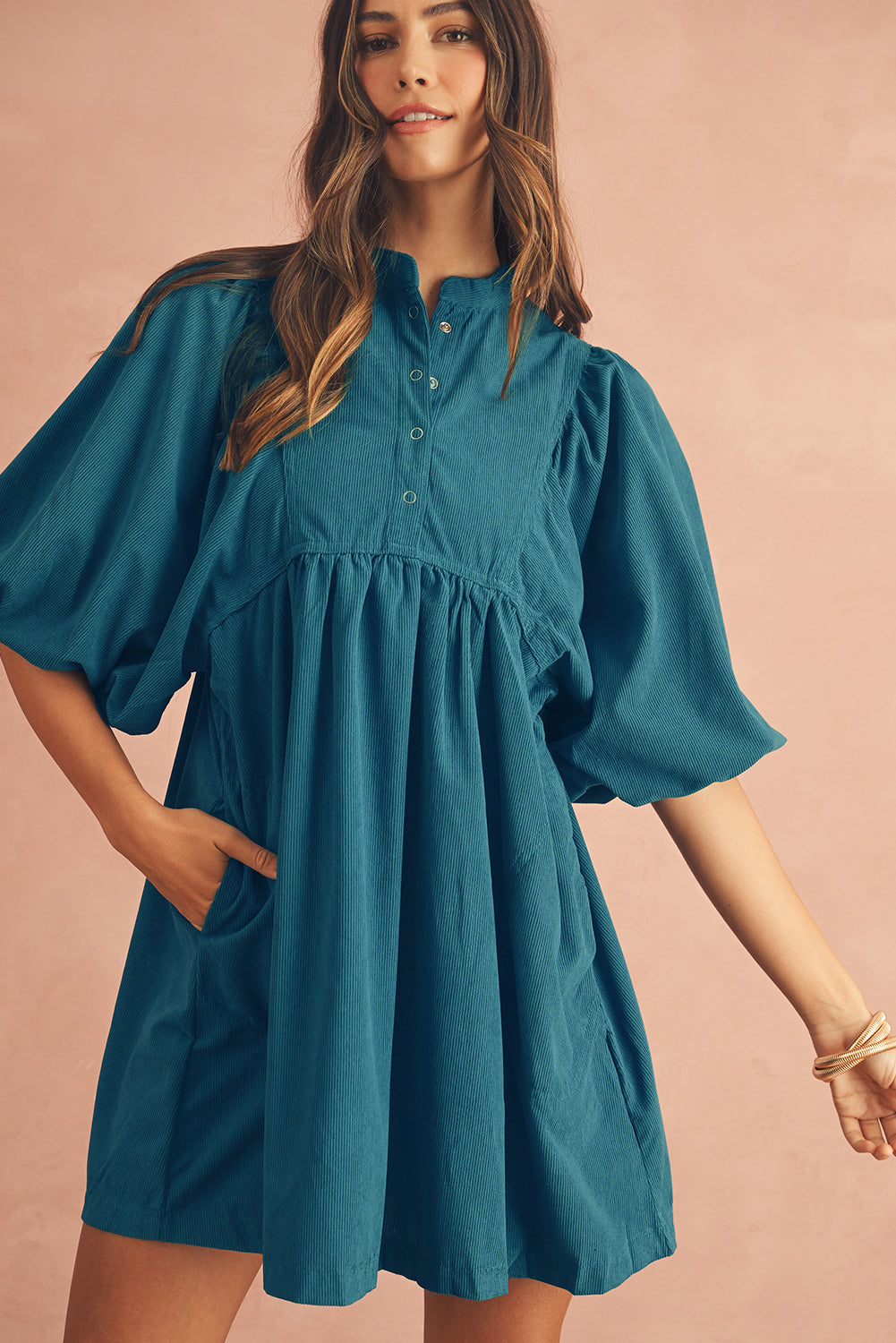 Gold Flame Light Snap Button Empire Waist Lantern Sleeve Corduroy Dress